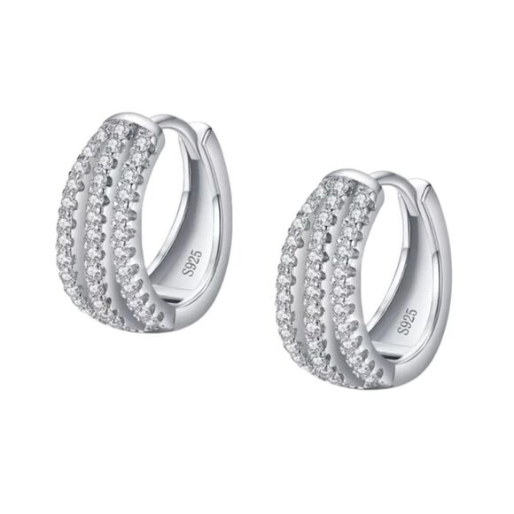 925 Sterling Silver 3 Row CZ Huggies Buckle Earrings - Picture 1 of 11